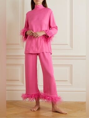 NEW. Sleeper 2 Piece Black Tie Feather Trim Pajama Set. NWT
